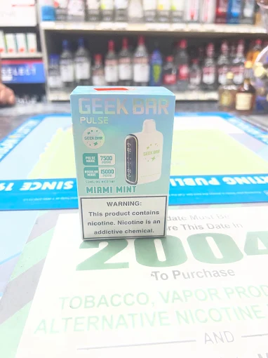 Geek Bar Pulse Miami Mint vape product box with nicotine warning