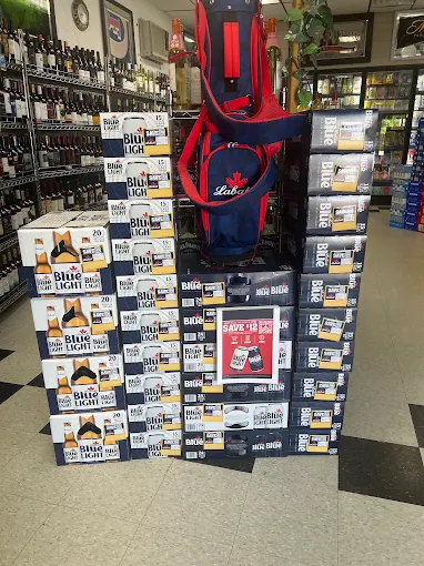 Display of beer cases with promotional golf bag